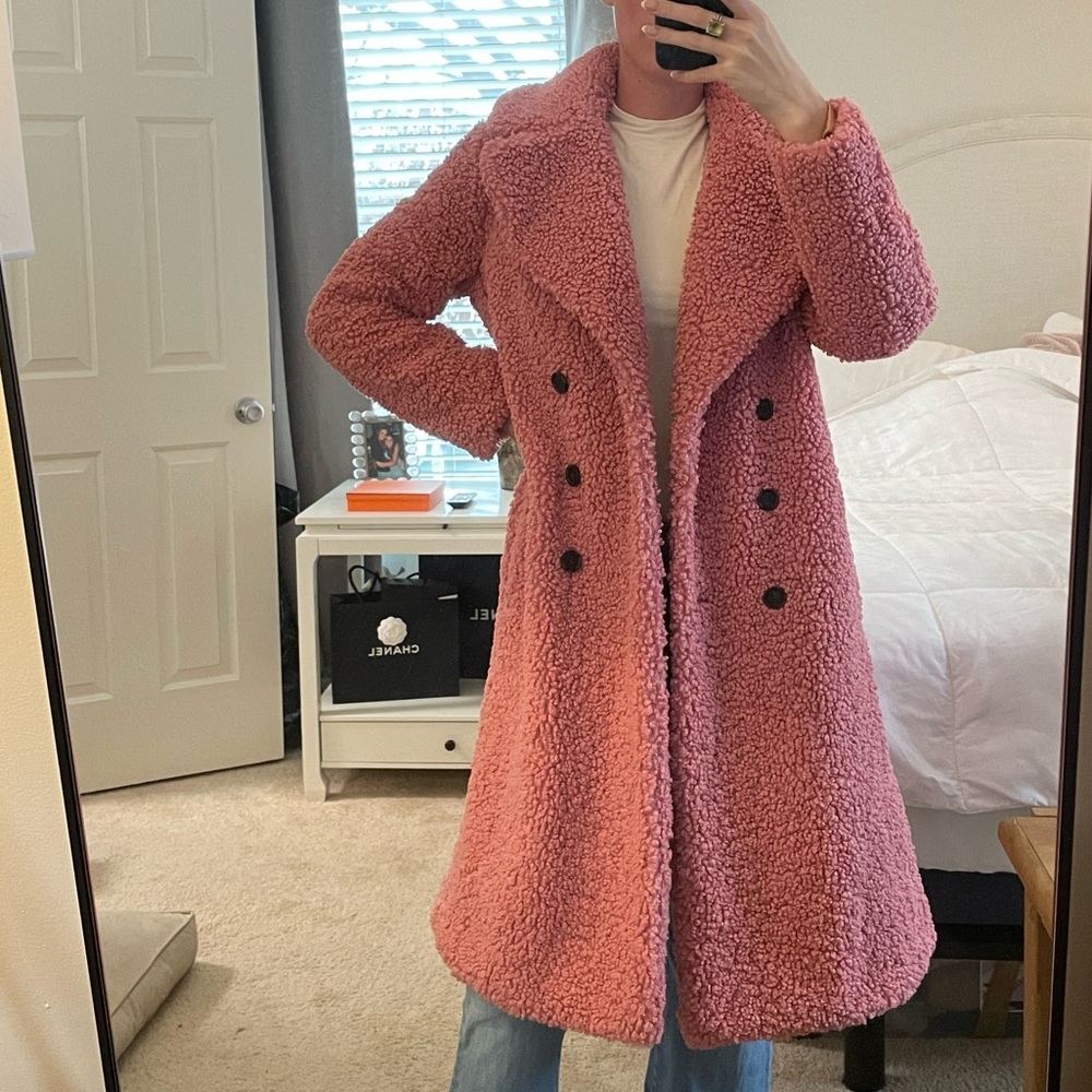 J Crew pink long teddy coat